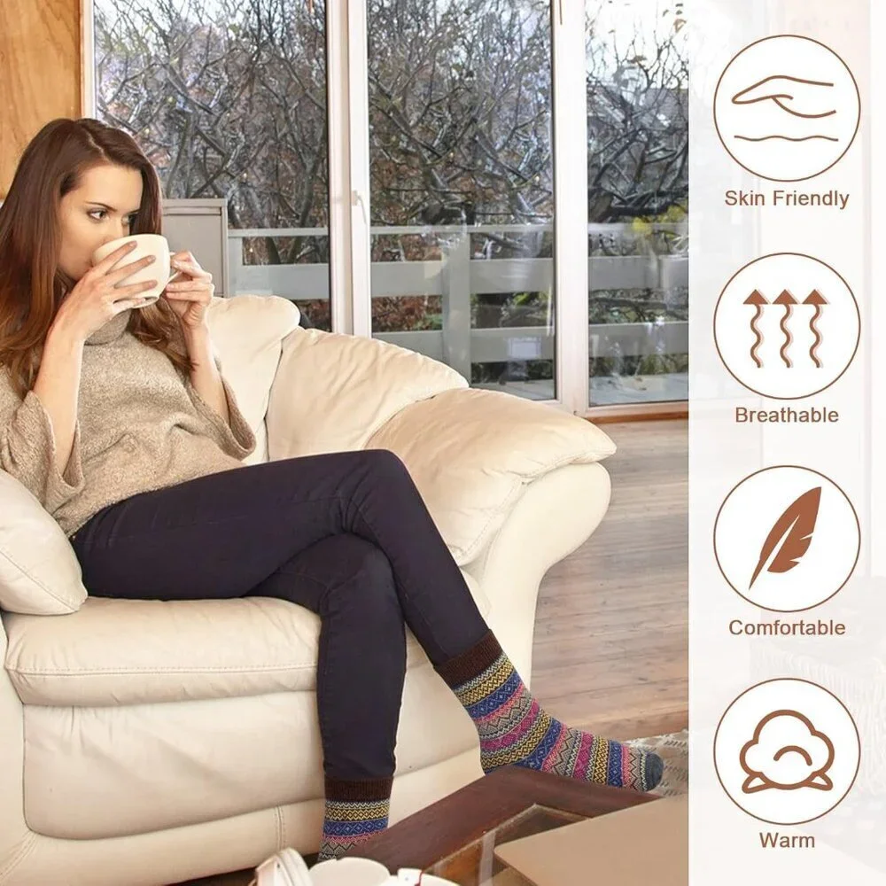 Women's 5 Pairs Winter Thick Boot Cozy Crew Vintage Soft Calf Knit Wool Socks